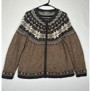 Eddie Bauer Sweater Women's Large Brown Full Zip Wool Blend Fair‎ Isle Knit VTG